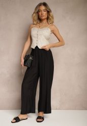 Czarne Spodnie High Waist o Szerokim Kroju z Wiązaniem Telisiela. Czarne spodnie materiałowe damskie Renee, bez wzorów, z jeansu. Za 39.99 zł.