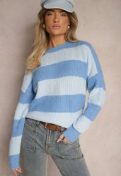 Niebieski Sweter ze Ściągaczami Ozdobiony Pasami z Wełną Tiarosea. Niebieskie swetry klasyczne damskie Renee, z jeansu, bez kołnierzyka. Za 119.99 zł.