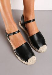 Czarne Espadryle na Płaskiej Plecionej Podeszwie i Zakrytym Noskiem Clamirond. Czarne espadryle damskie Renee, bez wzorów, bez obcasa, na płaskiej podeszwie. Za 59.99 zł.