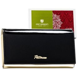 Czarno-złoty, elegancki portfel damski zamykany na zatrzask - Peterson. Czarne portfele damskie Peterson, bez wzorów, ze skóry. Za 115.99 zł.