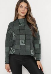 Zielony Golf w Geometryczny Wzór Serenique. Zielone golfy damskie Born2be, xl, z aplikacjami, z dzianiny, bez ramiączek. Za 99.99 zł.
