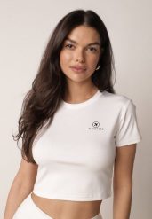 Biały Krótki T-shirt w Stylu Basic z Minimalistycznym Nadrukiem Orithana. Białe koszulki sportowe damskie Born2be, l, bez wzorów, z jeansu, bez ramiączek. Za 29.99 zł.