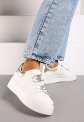 Biało-Złote Sneakersy na Grubej Podeszwie z Metalicznymi Aplikacjami i Cyrkoniami Arrelana. Białe obuwie sportowe damskie Born2be, z materiału, bez zapięcia. Za 99.99 zł.