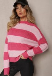 Różowy Sweter ze Ściągaczami Ozdobiony Pasami z Wełną Tiarosea. Czerwone swetry klasyczne damskie Renee, z jeansu, bez kołnierzyka. Za 119.99 zł.