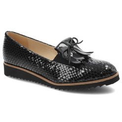 Czarne Półbuty Gamis Eleganckie Skórzane Buty Damskie. Czarne półbuty damskie GAMIS, na wiosnę, bez wzorów, z lakierowanej skóry, bez obcasa, bez zapięcia. Za 199.00 zł.