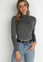 Ciemnoszara Bluzka Crop Top z Półgolfem Volei. Szare bluzki damskie Born2be, xl, bez wzorów, z dzianiny, bez ramiączek. Za 14.99 zł.