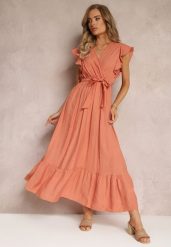 Pomarańczowa Rozkloszowana Sukienka Maxi z Gumką w Talii Lavla. Brązowe sukienki damskie Renee, bez wzorów, z materiału, bez ramiączek. W wyprzedaży za 75.99 zł.