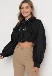Czarna Bawełniana Koszula o Bufiastym Kroju z Kokardą w Stylu Retro Drulla. Czarne koszule damskie Born2be, uniwersalny, bez wzorów, z bawełny, eleganckie, bez kołnierzyka, bez ramiączek. Za 129.99 zł.