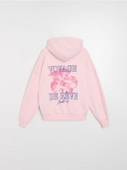 Bluza z kapturem z nadrukiem na plecach - różowy. Czerwone bluzy damskie Sinsay, l, bez wzorów, z kapturem. Za 59.99 zł.