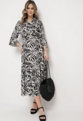 Czarno-Biała Rozkloszowana Sukienka Maxi z Falbanką i Botanicznym Wzorem Maticia. Czarne sukienki damskie Born2be, bez wzorów, bez ramiączek. Za 119.99 zł.