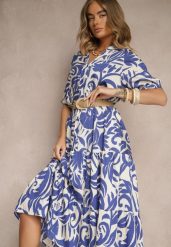 Niebieska Rozkloszowana Sukienka z Wiskozy Ozdobiona Falbaną Filesenia. Niebieskie sukienki damskie Renee, bez wzorów, z wiskozy, eleganckie, bez ramiączek. W wyprzedaży za 67.99 zł.