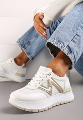 Białe Sznurowane Sneakersy na Płaskiej Podeszwie z Metaliczną Wstawką i Brokatem Setraffia. Białe obuwie sportowe damskie Renee, z materiału, bez zapięcia. Za 119.99 zł.