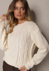 Jasnobeżowy Sweter z Wełną Ozdobnym Splotem i Ściągaczem Nariae. Brązowe swetry klasyczne damskie Renee, uniwersalny, z jeansu, bez kołnierzyka. Za 54.99 zł.