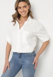 Biała Koszula Bawełniana w Delikatne Prążki Lissse. Białe koszule damskie Born2be, l, bez wzorów, z bawełny, klasyczne, bez kołnierzyka, bez ramiączek. Za 59.99 zł.