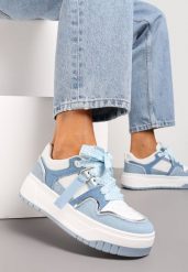 Niebiesko-Białe Sneakersy na Grubej Podeszwie z Ozdobnymi Sznurówkami i Zawieszką Xalenia. Niebieskie obuwie sportowe damskie Born2be, z jeansu, bez zapięcia. Za 109.99 zł.