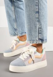 Niebiesko-Beżowe Sneakersy na Grubej Podeszwie z Ozdobnym Paskiem Kornelie. Niebieskie obuwie sportowe damskie Born2be, z jeansu, bez zapięcia. Za 84.99 zł.