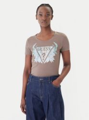 Guess T-Shirt W6GI12 K3027 Brązowy Regular Fit. Brązowe t-shirty damskie Guess, m, z aplikacjami, z bawełny, bez kołnierzyka. Za 194.99 zł.