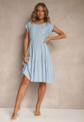 Jasnoniebieska Rozkloszowana Sukienka z Wiskozy Linurea. Niebieskie sukienki damskie Renee, bez wzorów, z wiskozy, eleganckie, bez ramiączek. W wyprzedaży za 67.99 zł.