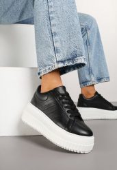 Czarne Sneakersy na Platformie Ozdobione Perforacją Eleainna. Czarne obuwie sportowe damskie Renee, z jeansu, bez zapięcia. Za 99.99 zł.