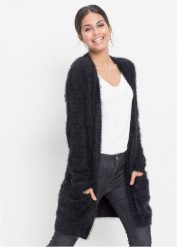 Sweter bez zapięcia z dzianiny z długim włosem. Czarne swetry klasyczne damskie bonprix, z dzianiny, bez kołnierzyka. Za 122.99 zł.