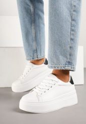 Biało-Czarne Klasyczne Sneakersy na Grubej Podeszwie Tosirra. Białe obuwie sportowe damskie Born2be, z jeansu, bez zapięcia. Za 79.99 zł.