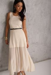 Beżowa Dzianinowa Sukienka z Wiskozą Zdobiona Podszewką i Paskiem z Klamrą Arkilia. Brązowe sukienki damskie Renee, z aplikacjami, z dzianiny, bez ramiączek. Za 99.99 zł.