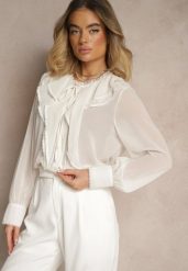 Jasnobeżowa Koszula z Ozdobnymi Falbanami Landiva. Brązowe koszule damskie Renee, l, bez wzorów, z jeansu, eleganckie, bez kołnierzyka, bez ramiączek. Za 89.99 zł.