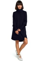 Granatowa Dresowa Asymetryczna Sukienka z Golfem. Niebieskie sukienki damskie MOE, bez wzorów, z bawełny, bez ramiączek. Za 279.90 zł.