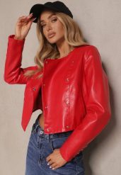 Czerwona Kurtka w Stylu Ramoneski z Guzikami Sesiloria. Czerwone kurtki damskie Renee, l, bez wzorów, z jeansu, bez kaptura. Za 159.99 zł.