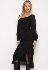 Czarna Taliowana Sukienka VICES z Falbankami i Bufiastymi Rękawami Aruvita. Czarne sukienki damskie Born2be, bez wzorów, klasyczne, bez ramiączek. Za 139.99 zł.