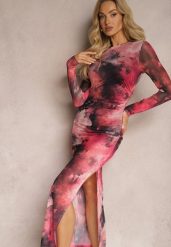 Fuksjowa Siateczkowa Sukienka Bodycon w Marmurkowy Wzór z Rozcięciem na Dole Valerimes. Czerwone sukienki damskie Renee, bez wzorów, bez ramiączek. W wyprzedaży za 107.99 zł.