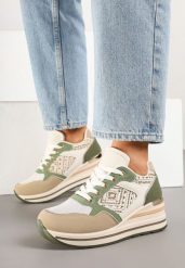 Ciemnobeżowe Sneakersy na Koturnie Ozdobione Brokatem Tilliante. Brązowe obuwie sportowe damskie Born2be, z jeansu, bez zapięcia. Za 89.99 zł.