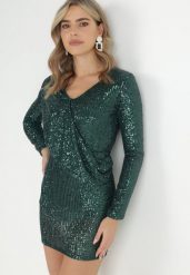 Ciemnozielona Cekinowa Sukienka Mini z Gumką w Pasie Colke. Zielone sukienki damskie Born2be, bez wzorów, bez ramiączek. W wyprzedaży za 135.99 zł.