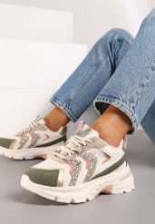 Zielono-Beżowe Sznurowane Sneakersy na Platformie Ozdobione Brokatem Betira. Brązowe obuwie sportowe damskie Renee, z jeansu, bez zapięcia. Za 99.99 zł.