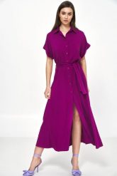 Koszulowa Sukienka z Krótkim Rękawem - Purpurowa. Fioletowe sukienki damskie Nife, bez wzorów, z materiału, bez ramiączek. Za 323.90 zł.