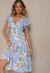 Jasnoniebieska Kopertowa Sukienka w Kwiaty Atesalia. Niebieskie sukienki damskie Renee, bez wzorów, eleganckie, bez ramiączek. W wyprzedaży za 91.99 zł.