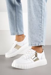 Białe Skórzane Sneakersy Zdobione Metaliczną Wstawką Cerelie. Białe obuwie sportowe damskie Born2be, z jeansu, bez zapięcia. Za 179.99 zł.