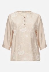 Beżowa Bluzka Ozdobiona Guzikami i Haftowanymi Kwiatami Delmana. Brązowe bluzki damskie Born2be, plus size, z aplikacjami, z materiału, casualowe, bez kołnierzyka, plus size, bez ramiączek. Za 69.99 zł.