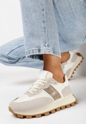 Beżowe Sneakersy z Brokatową Wstawką i Bieżnikiem Valindras. Brązowe obuwie sportowe damskie Born2be, bez zapięcia. Za 99.99 zł.