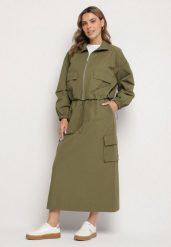 Zielony Komplet z Bawełną Rozpinana Bluza i Spódnica Evariel. Brązowe bluzy damskie Born2be, na wiosnę, l, z aplikacjami, z bawełny, bez kaptura. Za 279.99 zł.
