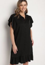 Czarna Sukienka Koszulowa z Guzikami i Falbankami Tenalena. Czarne sukienki damskie Born2be, bez wzorów, eleganckie, bez ramiączek. Za 99.99 zł.