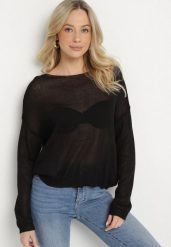 Czarny Cienki Ażurowy Sweter Wiskozowy Sanivea. Czarne swetry klasyczne damskie Born2be, m, z jeansu, bez kołnierzyka. Za 109.99 zł.