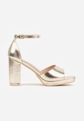 Złote Sandały VICES na Platformie i Słupku ze Skórzaną Wkładką Phelusa. Żółte sandały damskie Born2be, bez wzorów, bez obcasa, na obcasie, bez zapięcia. Za 109.99 zł.