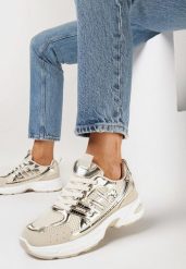 Złote Sneakersy z Ozdobnymi Przeszyciami Varteli. Żółte obuwie sportowe damskie Born2be, z jeansu, bez zapięcia. Za 64.99 zł.
