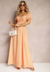 Pomarańczowa Sukienka z Wiskozy z Gumką w Talii i Kopertowym Dekoltem Rhoneri. Brązowe sukienki damskie Renee, bez wzorów, z wiskozy, eleganckie, bez ramiączek. W wyprzedaży za 55.99 zł.