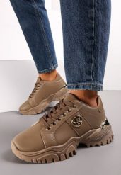 Ciemnobeżowe Sneakersy przed Kostkę z Metalicznym Zdobieniem na Grubej Podeszwie Umsine. Brązowe obuwie sportowe damskie Renee, przed kostkę, bez zapięcia. Za 89.99 zł.