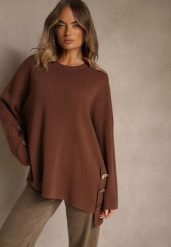 Brązowy Sweter z Wiskozą i Guzikami po Bokach Violsave. Brązowe swetry klasyczne damskie Renee, l, z jeansu, bez kołnierzyka. Za 149.99 zł.