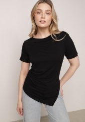 Czarna Wiskozowa Bluzka Marszczona o Asymetrycznym Kroju z Krótkim Rękawem Menirephis. Czarne bluzki damskie Born2be, m, bez wzorów, z dzianiny, casualowe, z asymetrycznym kołnierzem, bez ramiączek. Za 79.99 zł.