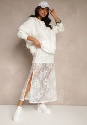 Biała Koronkowa Spódnica o Rozkloszowanym Kroju z Rozcięciem Zarlaura. Białe spódnice damskie Renee, na co dzień, m, z aplikacjami, z koronki, eleganckie, midi. Za 89.99 zł.