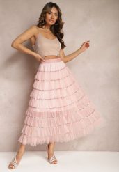 Różowa Rozkloszowana Spódnica Maxi z Falbankami i Cekinami Noobi. Czerwone spódnice damskie Renee, m, bez wzorów, z materiału, eleganckie, maxi. Za 89.99 zł.